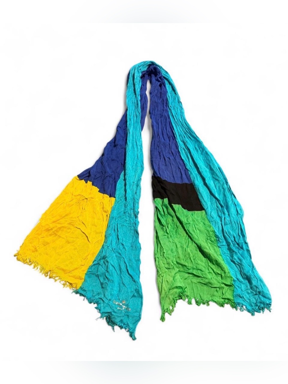 Kate Spade New York scarf with blue, yellow, black, and green color blocking